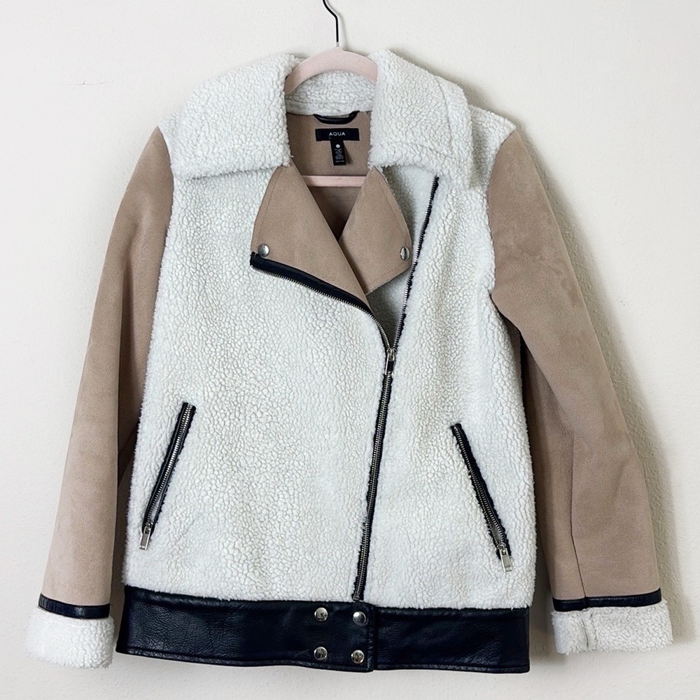 AQUA Faux Shearling Moto Jacket Beige White Black size XS